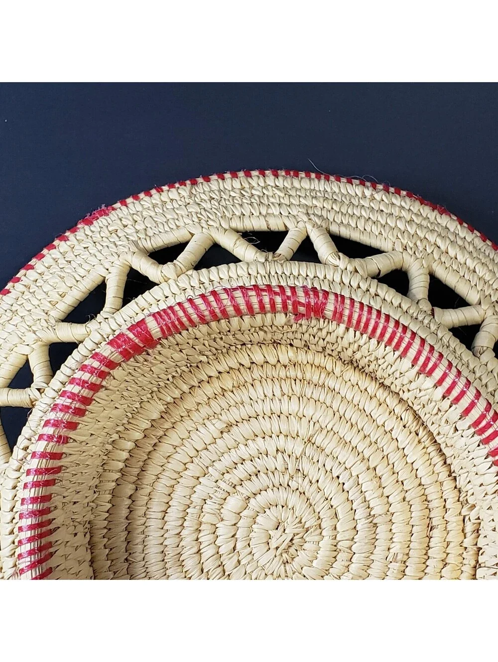 Hand Coiled Pedestal Basket Red Trim Round 11.5